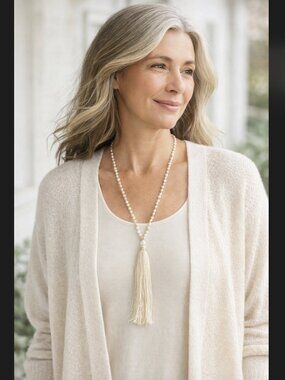 J. Jill Pearl Tassel Necklace Ivory Beaded Boho Freshwater Adjustable Cord NWT